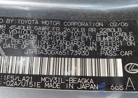 2006 Lexus Es 330 z USA, uszkodzony, nr VIN JTHBA30GX65173930